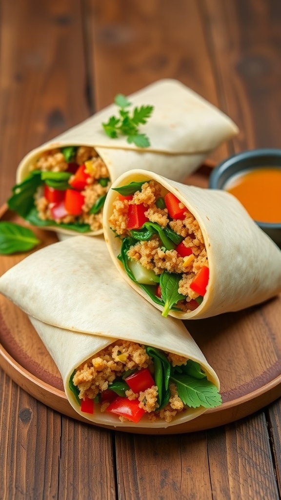 Two quinoa wraps filled with vegetables on a wooden table.